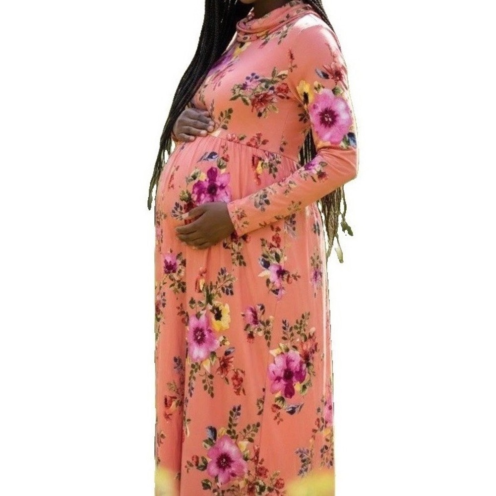 Mother Bee Maternity Maxi Dress Womens Medium Coral Floral Cowl Neck MCRW55